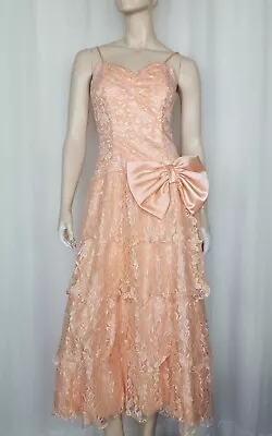 Vintage 80s Peach Lace Tier Prom Party Dress Large Bow S • $61.93