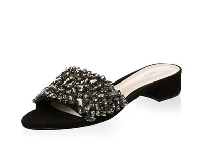 Schutz Victoria Black Crystal Vamp Slip On Slides Sandals Jeweled Flats Mules • $29.95