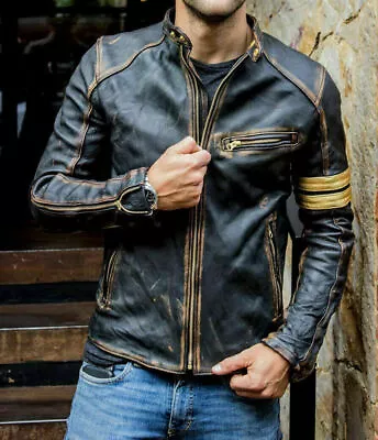 Men’s Motorcycle Biker Vintage Cafe Racer Distressed Black Real Leather Jacket • $109.98