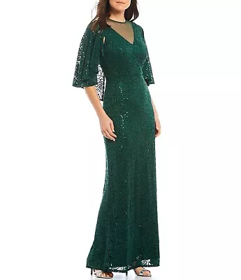 Marina Sz 10 Lace Illusion Long Dress V-Neckline Sequin Capelet Gown $229! • $54.99