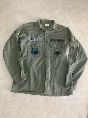 Vintage Authentic US Air Force Military Green Button Down Shirt With Patches EUC • $18.88