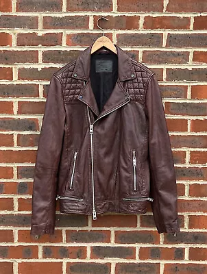 All Saints Mens Oxblood CONROY Leather Biker Jacket Brown Bomber MEDIUM A462 • $261.45