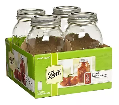 GLASS MASON JARS WITH LIDS 945ML Regular Mouth 4PK - Preserving Storage Jars • £17.99