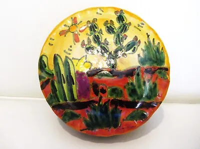 Mexican Clay Pottery Round Box With Lid Cactus Sun Yellow Orange Green Desert • $12