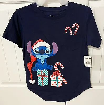 Disney Stitch Christmas Navy Blue T-shirt Candy Canes Pocket NWT S (3-5) • $7.99