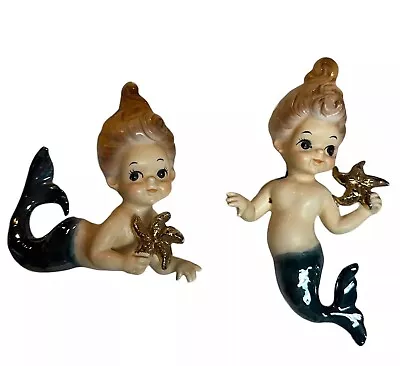 Vintage Ceramic Mermaids Wall Plaques Figurine Mermaid Gold Starfish Set *Read* • $149.99