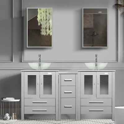 60  Bathroom Vanity Set Gray Tempered Glass Vessel Sink Small Cabinet Combo • $809.99