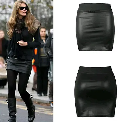 New Womens Black Pvc Wet Leather Look Mini Pencil Tube Bodycon Skirt Size 8-26 • £5.80