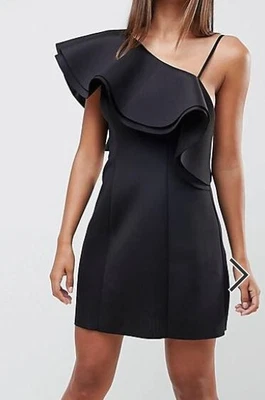 £9.99 • Buy New With Tag ASOS Black Frill Ruffle Asymmetric One Shoulder Mini Dress Size 6 8