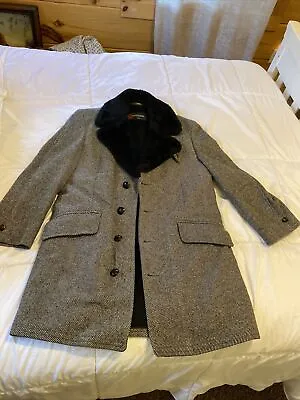 Vtg 1970s 1980s McGregor Wool Tweed Overcoat Faux Fur Lined Herringbone Mens 38 • $40