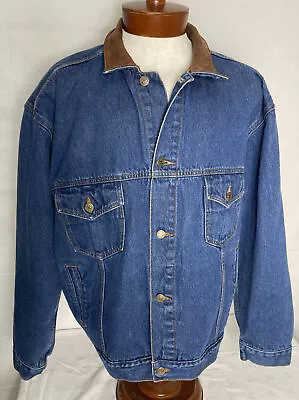 Vintage Marlboro Country Store Trucker Jacket Mens XL  Leather Collar Blue Denim • $24