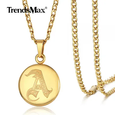 Gold Plated Monogram Stainless Steel Initial Disc Pendant Necklace Curb Chain • $7.99