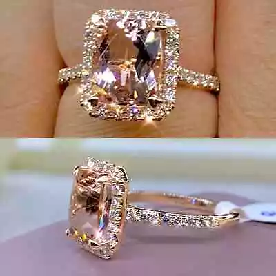 14K Rose Gold Finish 3 Ct Cushion Cut Simulated Morganite Gorgeous Halo Ring • $106.90