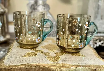 Pair Antique Enamel Miniature Mugs Bohemian Moser Amber Gold Florals Blue Handle • $60