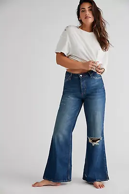 NEW Size 28 Womens Free People CRVY Misfit Distressed High-Rise Flare Blue Jeans • $44.99