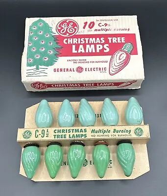 10 Vintage C9 C-9 Green GE Swirl Flame Christmas Lights Original Box • $29.95
