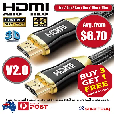 Premium HDMI Cable V2.0 4K Ultra HD 3D High Speed Ethernet 1m 2m 3m 5m 10m 15m • $29.95