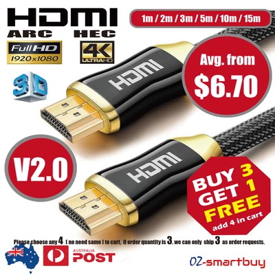 Premium HDMI Cable V2.0 4K Ultra HD 3D High Speed Ethernet 1m 2m 3m 5m 10m 15m • $8.55