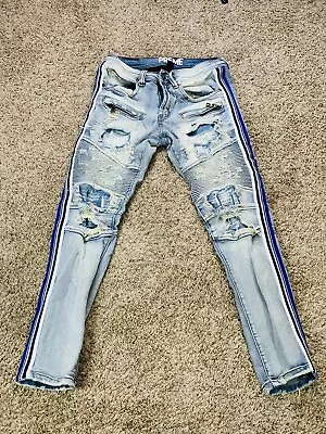 Preme Jeans 28 Blue Mens Staright Cut Slim Distressed Moto Skinny Stretch Denim • $25