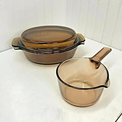 Corning Ware Vision  Amber Pot 5  X 3.5  D W Pour Spout & Anchor Hock Bakeware • $43