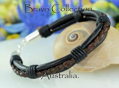 HANDMADE Sterling Silver Leather Leather Armband Wristband Men Bracelet 1B-404 • £17.33