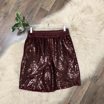 Zara Size Small Burgundy Sequin Pull On High Waisted Sequin Bermuda Shorts NWOT • $30