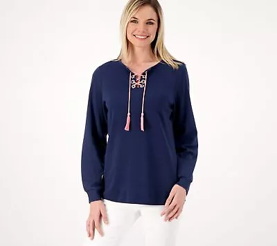 Quacker Factory Criss Cross Tassel Tie Puff Sleeve Top Women's Sz M Blue • $13.39