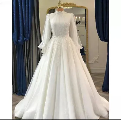 Elegant High Neck Muslim Wedding Dresses Long Sleeves Lace Flowers A Line Gowns • $142.80
