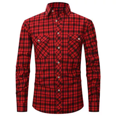 Mens Long Sleeve Checked Work Shirts Casual Slim Fit Plaid Shirt Size S – 2XL • £14.69