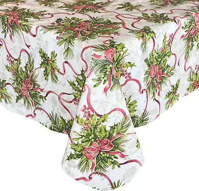 Christmas Holly Traditions Vinyl Tablecloth With Flannel Backing Red Holly Berr • $19.99