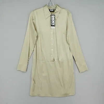 New Vintage DKNY Donna Karen Silk Champagne Satin Shirt Dress 6 Long Sleeve 90s • $99.99
