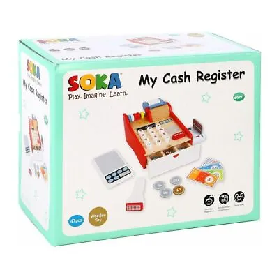 £28 • Buy SOKA - Wooden Kids Cash Register - Children’s Shop Grocery Checkout Till Toy Set