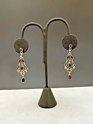 Vintage Sterling Silver Mexican Red And Green Tourmaline Dangle Earrings • $39