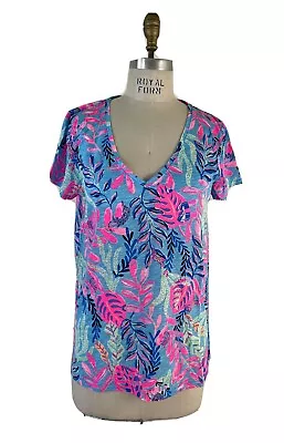 Lilly Pulitzer Etta V-Neck Top Short Sleeve  Porto Blue You’ve Been Spotted Sz L • $38