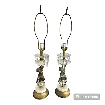 Pair Of Vtg Cast Metal Cherub Table Lamps W/ Marble & Crystals Brass Plate • $68