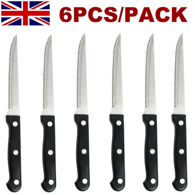 Set Of 6 Black Stainless Steel Serrated Sharp Steak Cutting Knife Knives Cutlery • £7.58