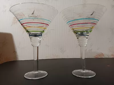 Set Of Unused  Nautica 24 Oz. Striped 7 1/2  Jumbo Crystal Martini Glasses • $34.99