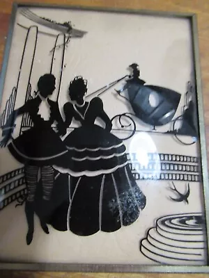 Vintage Convex Silhouette Reverse Paint Picture-Man And Woman With Carriage • $9.99