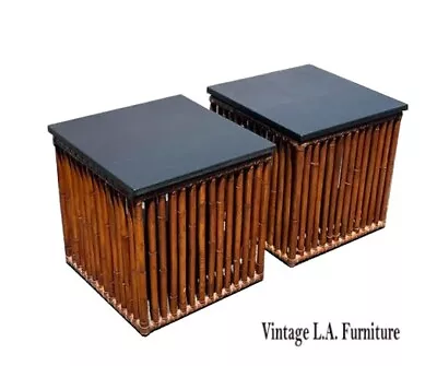 Vintage Pair McGuire Coastal Bamboo Square End Tables With Granite Stone Tops • $1950