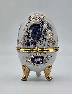 Vintage Blue White Gold Egg-shaped Trinket Box Candle Inside • $8