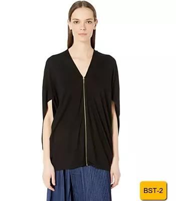 $175 Nicole Miller Women's Black Jersey Cacoon Zip Front Short Sleeve Top Size L • $31.11