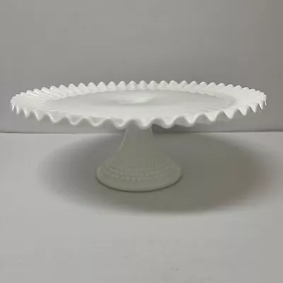 Vintage Fenton Hobnail White Milk Glass Pedestal Cake Stand Plate Ruffled Edge • $55