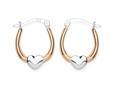 9ct Gold On Silver Heart Creole Hoop Earrings ~ Two Tone • £8.95