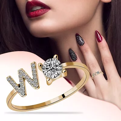 Women's Opening Ring With Diamond 26 Letters Patterns Ladies Rings Jewelry Gift • £3.16