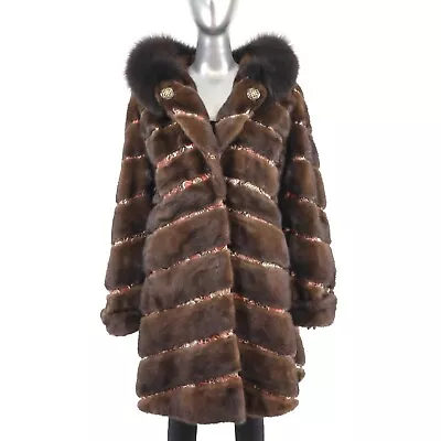 Hooded Mahogany Mink Coat With Fox Trim- Size XL • $1500