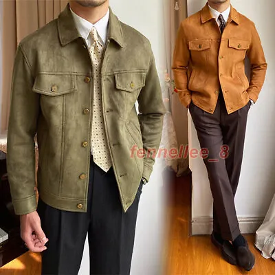 Men Retro Suede Jacket Lapel Buttons Formal Casual Coat Parka Pockets Short Tops • $74.98