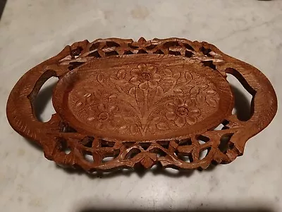 Vintage Wood Carved Ornate Floral Serving Tray Trinket India • $17.95