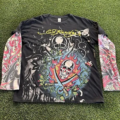 Ed Hardy Christian Audigier Long Sleeve T-Shirt Rhinestone Tattoo Sleeves AOP • $89.95