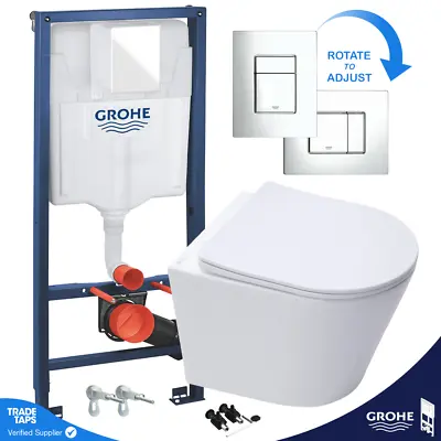 Rimless Wall Hung Toilet Pan Seat & GROHE 1.13m Concealed Cistern Frame WC • £154.99