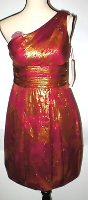 New NWT $310 Womens 6 Aidan Mattox Silk Metallic One Shoulder Dress Red Gold  • $60